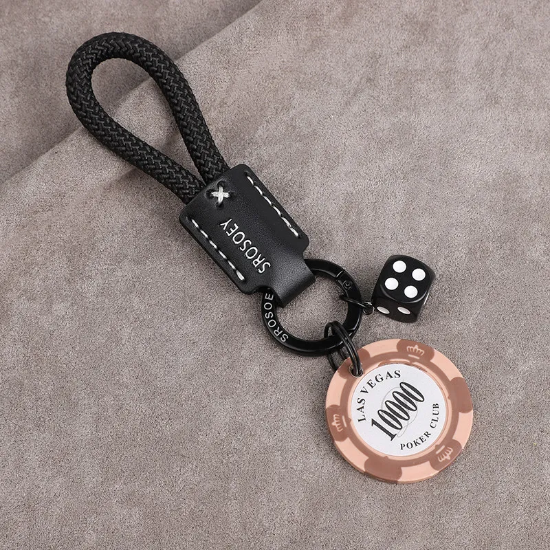 Chinese Auspicious Lucky Wealth Attracting Poker Chip Dice Leather Braided Rope Keychain For Car Keys Bag Pendant Couple Unisex