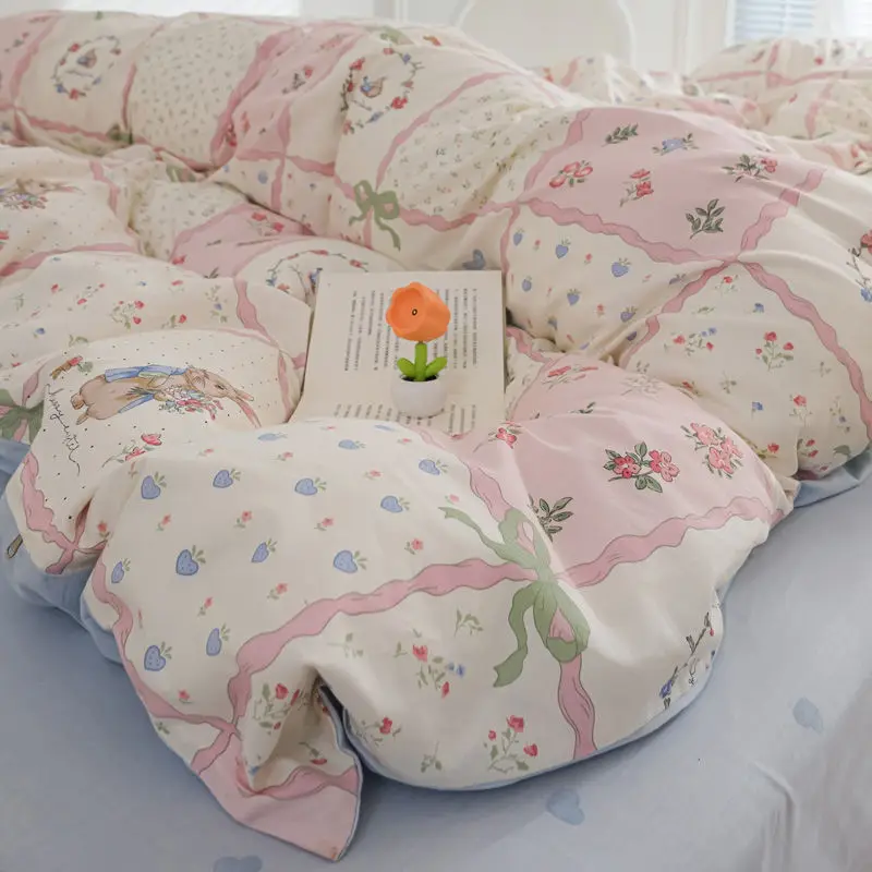 Juego de ropa de cama con estampado de lazo para niñas, sin relleno, funda de edredón Floral INS y sábana de almohada, individual, doble, tamaño completo, ropa de cama de moda