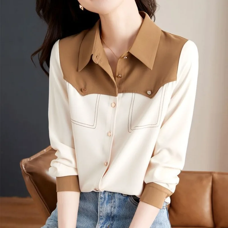 Women\'s Long Sleeve Chiffon Blouses 2024 Spring and Autumn New Korean Commute Contrast Color Patchwork Lapel Button Casual Shirt