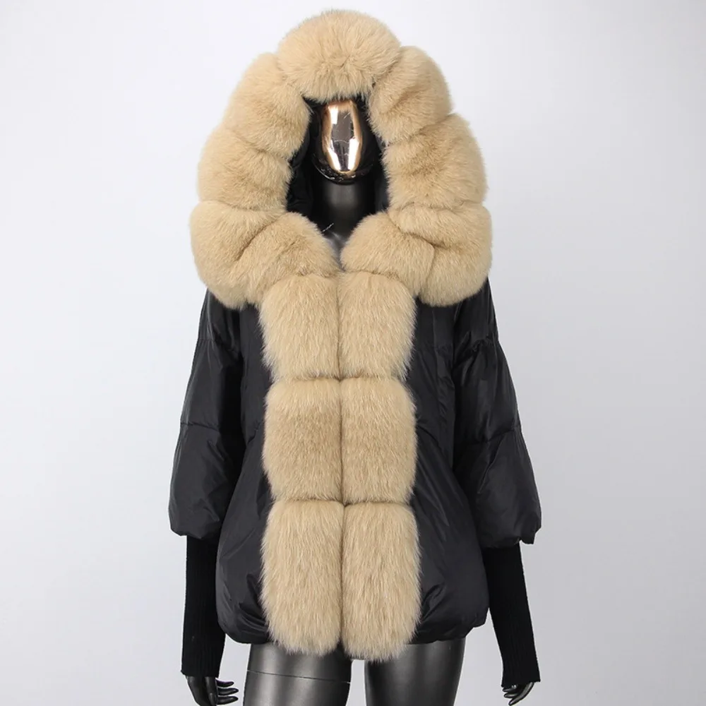 Down Jacket Women Warm Hooded Natural Thick Outerwear Winter Loose Oversize Duck Down Coat Streetwear Real Fox Fur Coat Woman