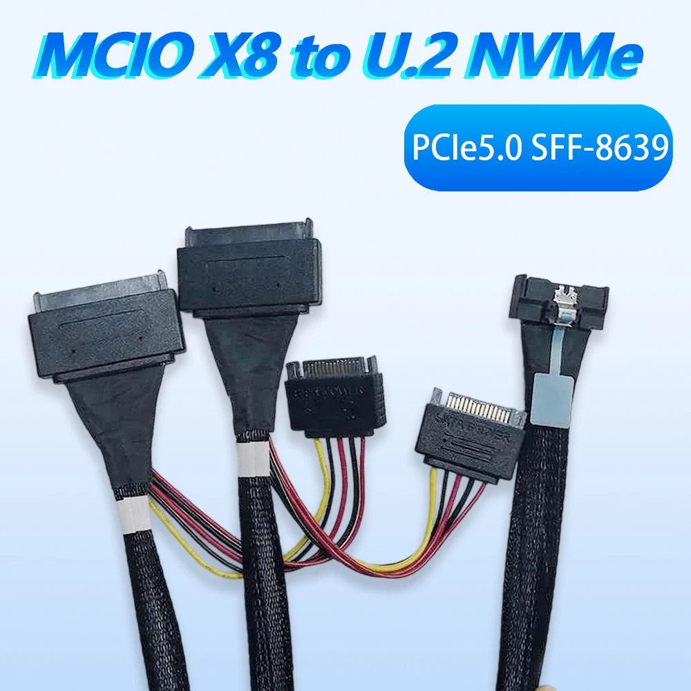 

PCIe 5.0 SFF- 8639 MCIO X8 To 2x U.2 Interface NVMe SSD Cable 15pin Gen5 High-speed Data Transmission Expansion 60cm 80CM Length