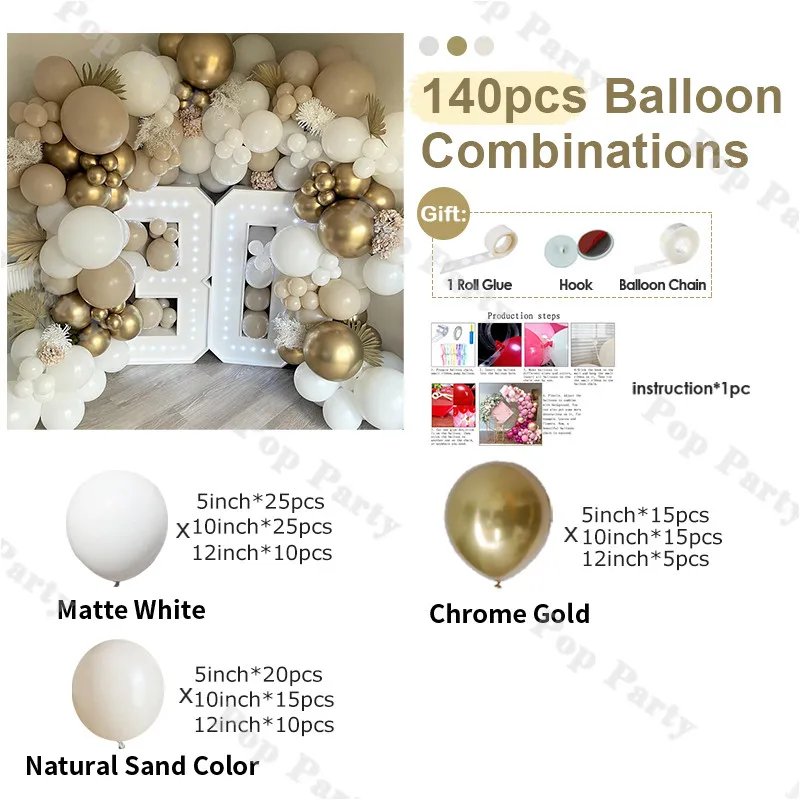 140pcs Boho Balloon Garland White Sand Chrome Gold Retro Bridal Shower Wedding Gender Reveal Baby Shower Birthday Party Supplies