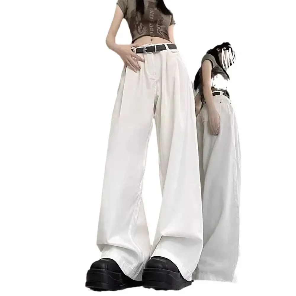 PopPopAmerican Białe Jeansy Damskie Letnie Nowe Z Wysokim Stanem Luźne Szerokie Nogawki Wyszczuplające Proste Spodnie do Samej Ziemi