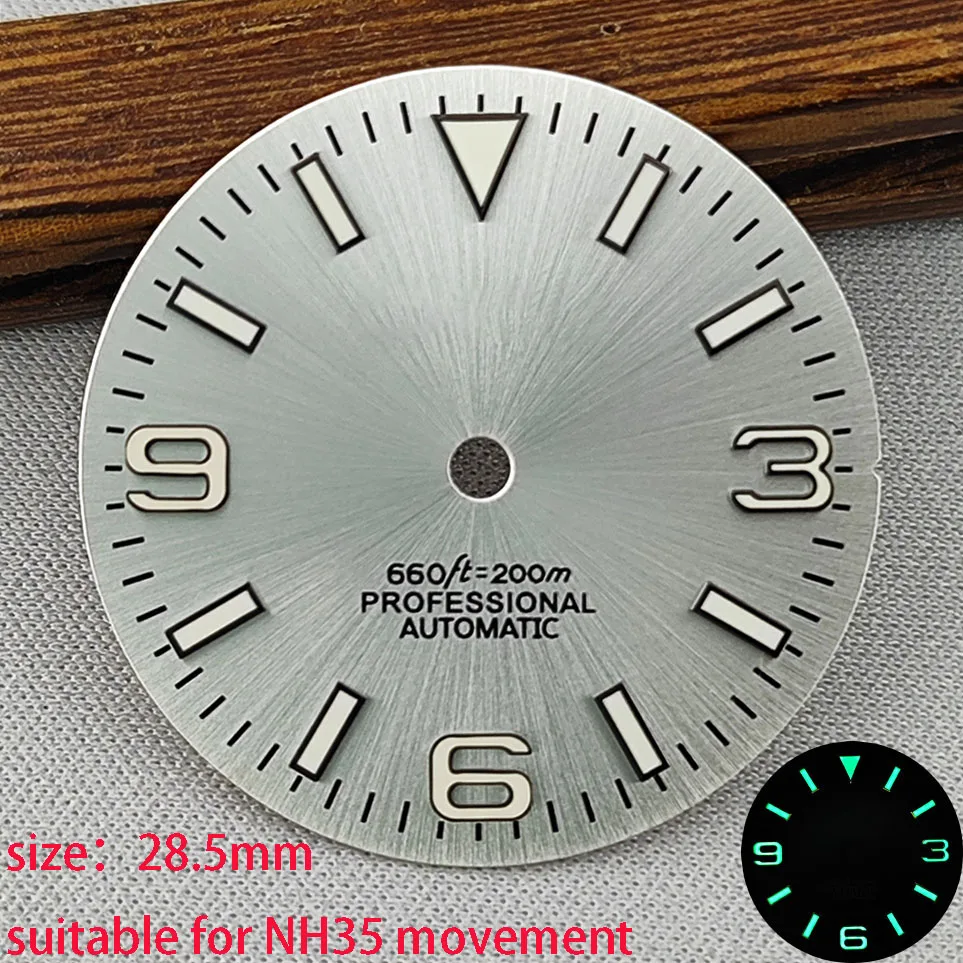 Esfera de reloj NH35dial S de alta calidad, 28,5mm, verde luminoso, adecuado para movimiento NH35 NH36, accesorios de reloj, herramienta de