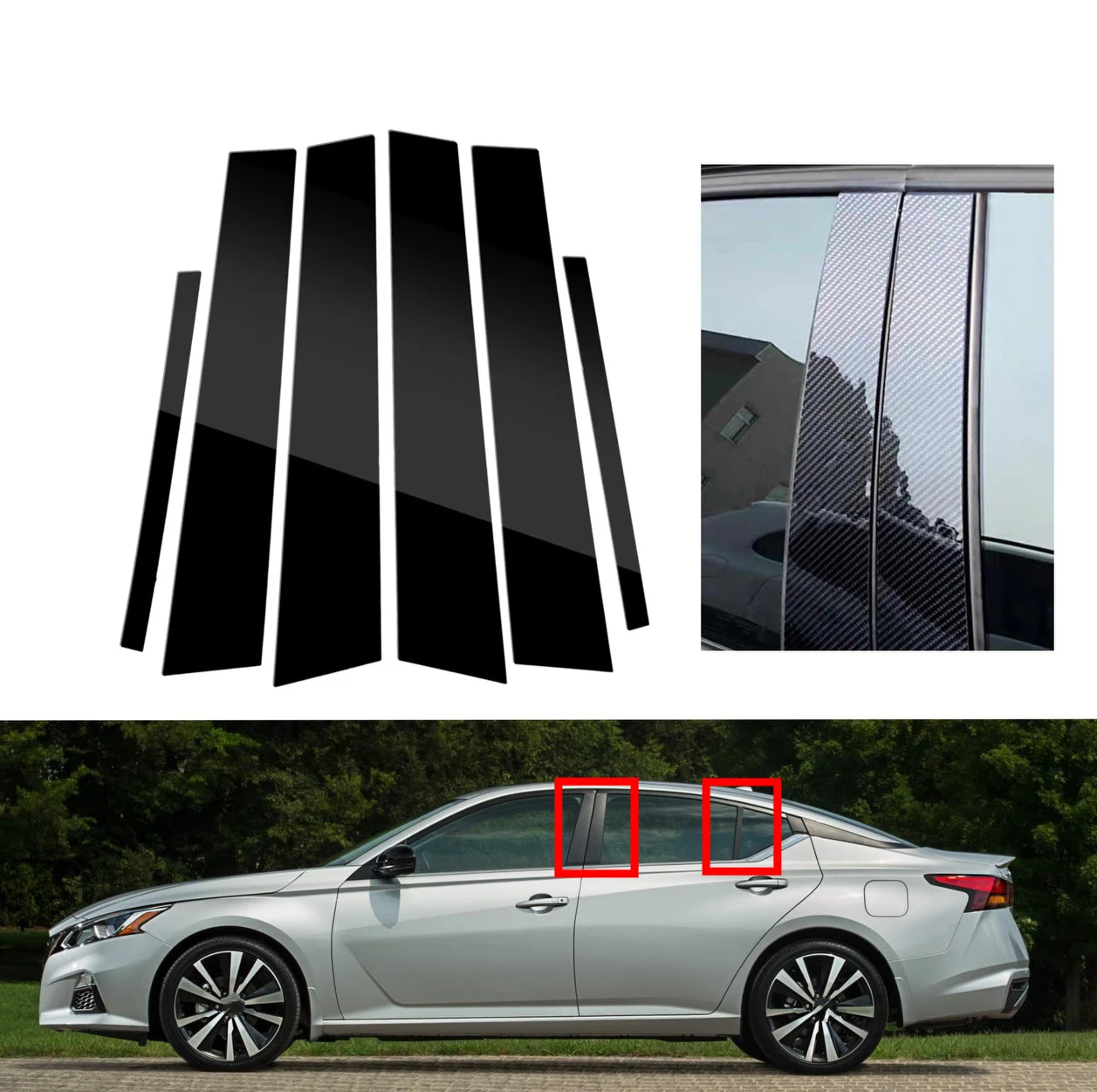 

6Pcs Silver Carbon Fit For Nissan Altima 2019 2020 2021 Gloss Black Window Trim Pillar Post Door Cover B C Column Sticker