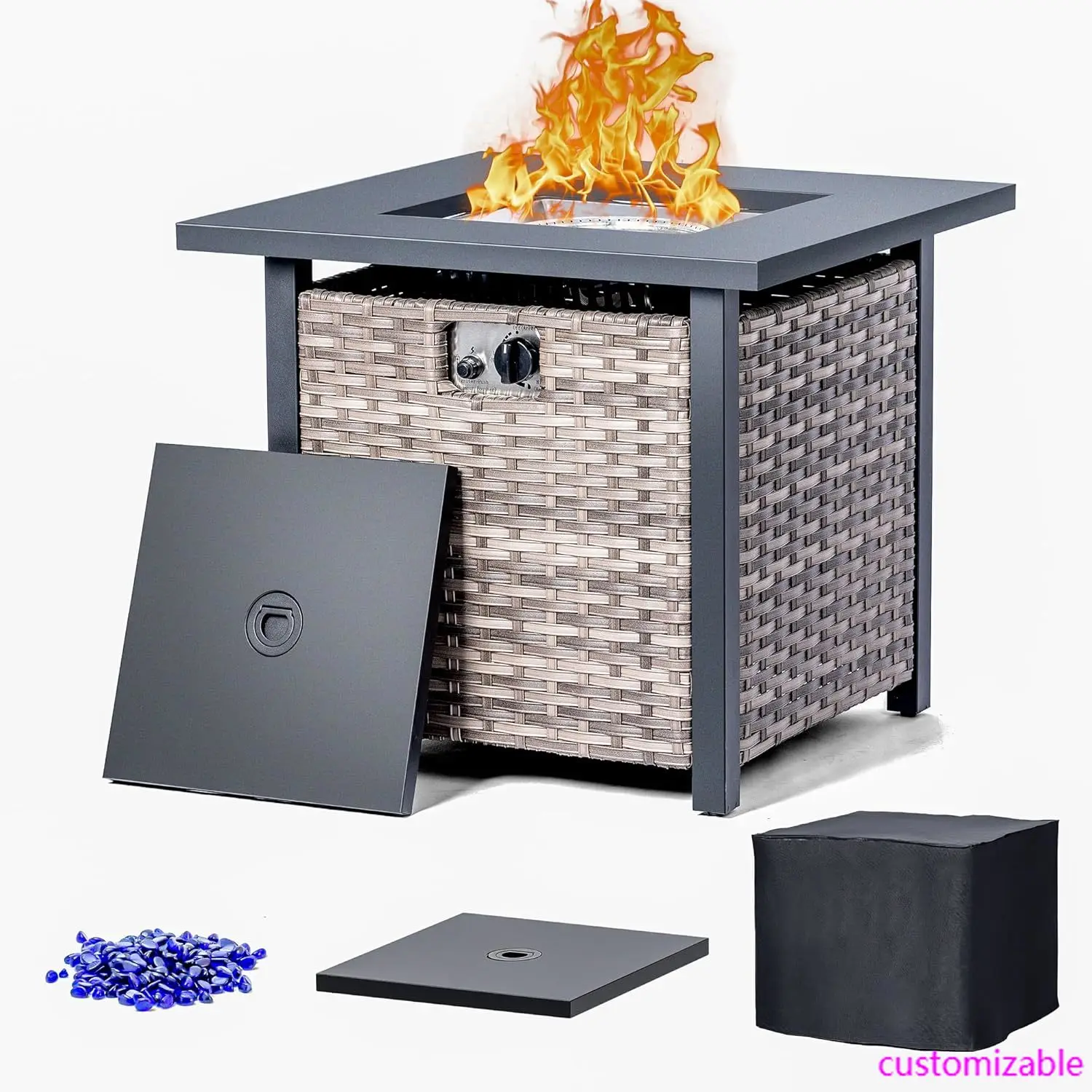 

Propane Fire Pit Table 28inch - 50,000 BTU Outdoor Gas Fire Pit with Lid & Glass Rocks（ObsidianFlame Tabletop）