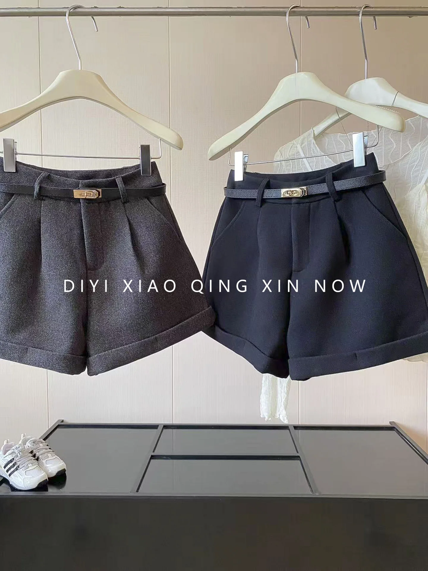 High Waist Cuffed Grey Casual Shorts Women's Fashion Autumn 2026 Belted Slim A-Line Pants Commute Style Ladies' Polyester