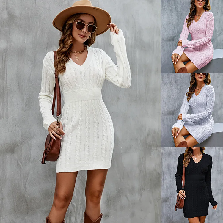 セクシーな秋冬ロングスリーブVネックニットハイウエストボディコンセーター、ストリート系ポリエステル混紡