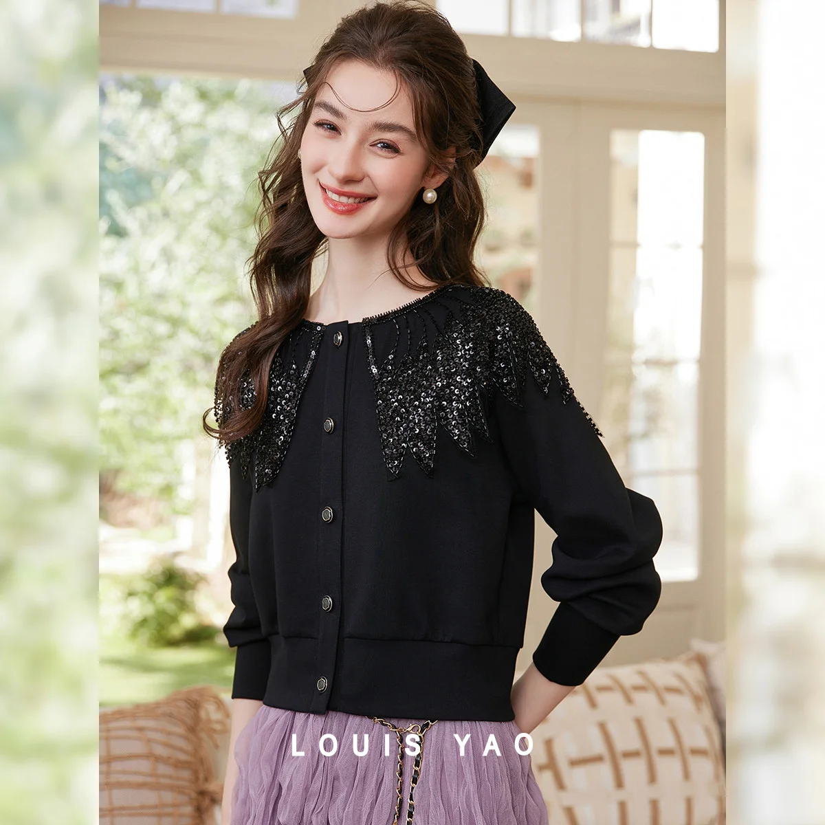 LOUIS YAO Women's Knitted Sweater 2026 Spring New Fashionable Luxury Gentle Cardigan Sweater Sweet Sequin Decor Knit Coat