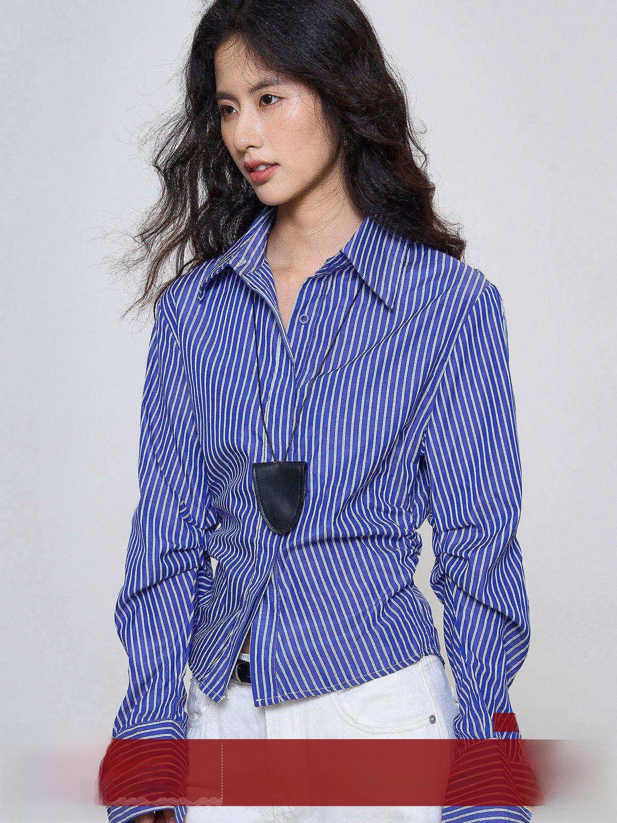 

Blue Striped Waist-Cinching Long Sve Ne Women's irt Slim Fit Waist-Increasing Spring New Sle Commute Wind irt