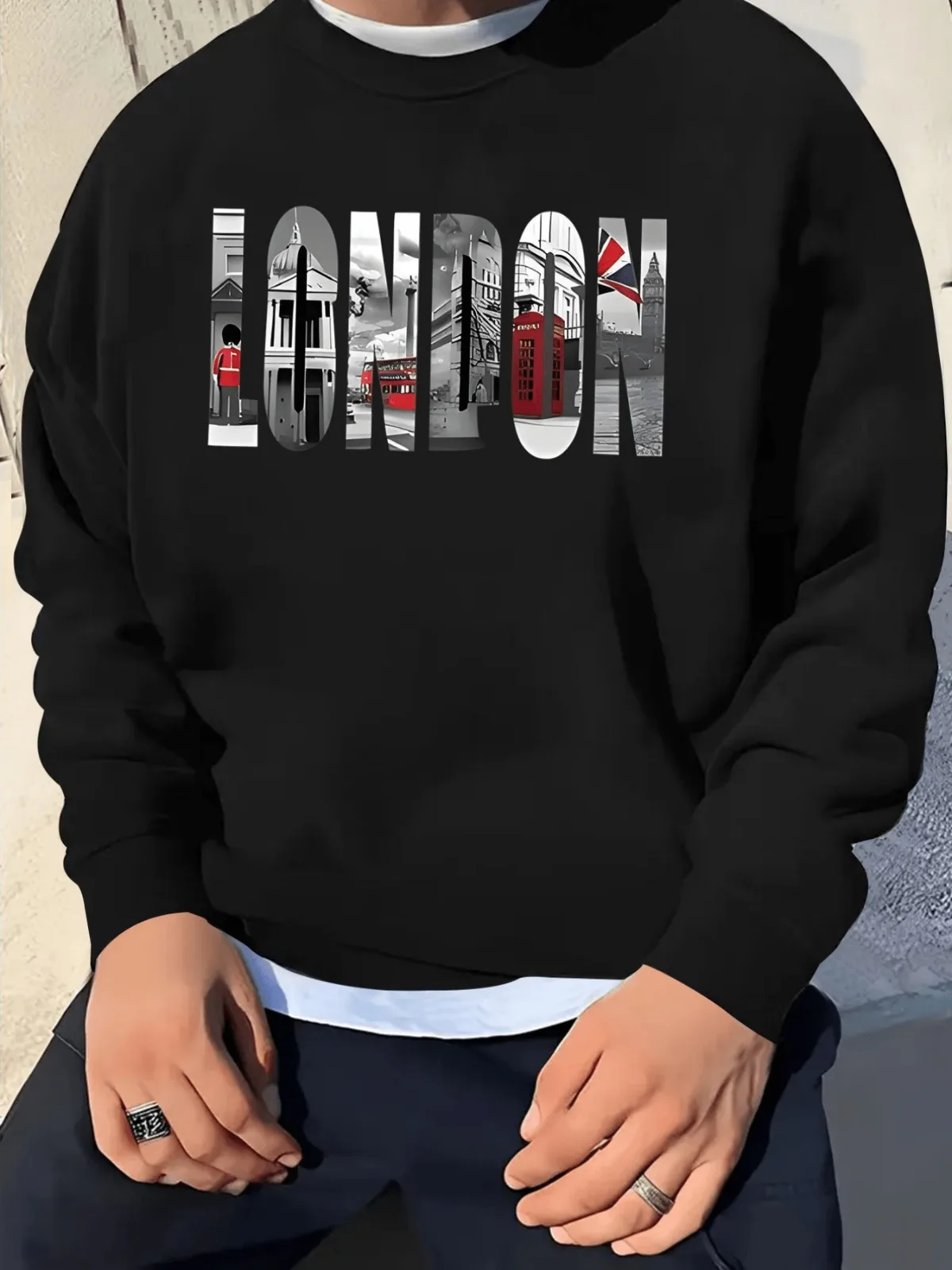 سويت شيرت رجالي أنيق مع أفق لندن جرافيك حافلة حمراء وكشك الهاتف طباعة كاجوال كم طويل رقبة دائرية