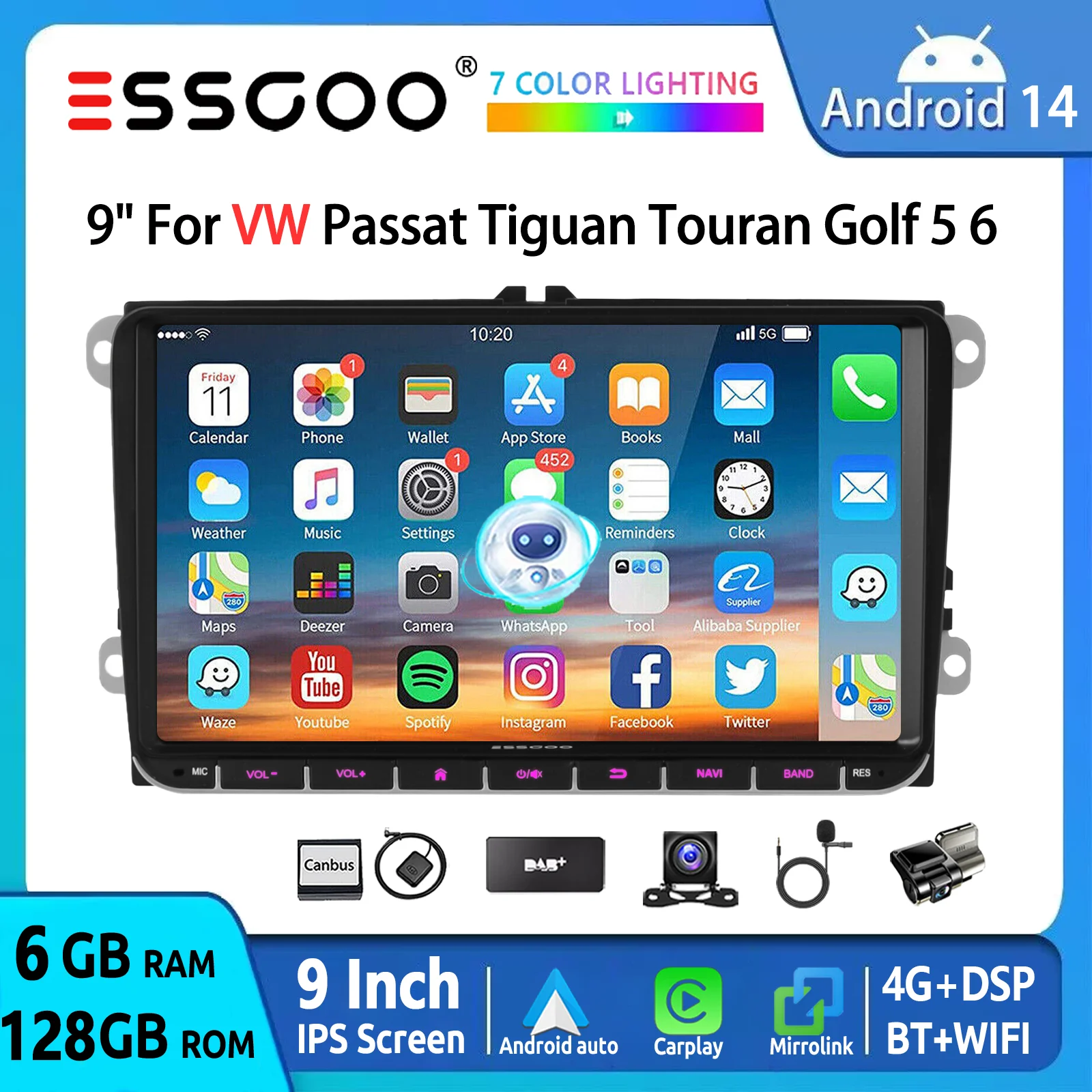 ESSGOO Android 14 Autoradio 9" 6+128 GB 4G für VW Golf 5/6 Touran Caddy Polo Jetta EOS Passat T5 GPS Navi Wireless CarPlay Android Auto Bluetooth WiFi AM DSP Lenkradfernbedienung Mirror Link Head Unit