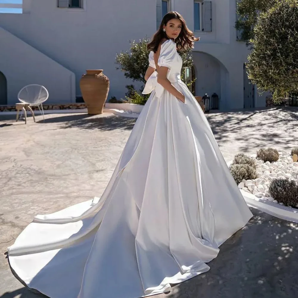 Vestidos de casamento de cetim branco para mulheres, mangas curtas, Puff Bow, vestido de noiva com bolsos, personalizar, luxo, 2024