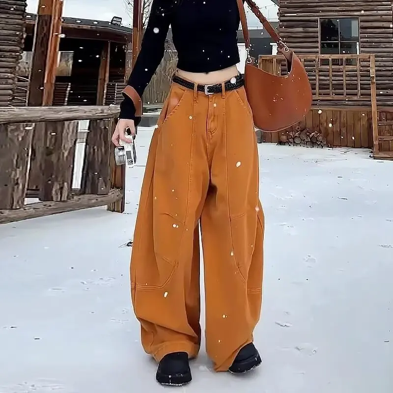 

American Retro Scimitar Jeans For Women, New Autumn And Winter High Waist Loose Slimming Lazy Style Wide Leg Casual Floor-Length