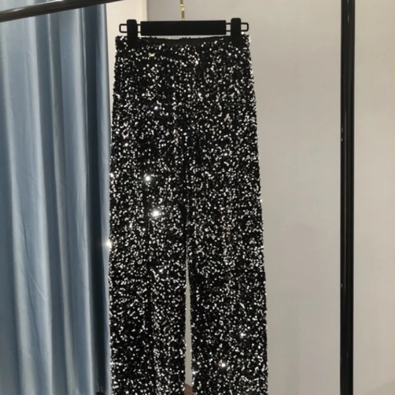 Women's Wide Leg Pants, Sparkling Velvet Sequin Large Size Mop Pants, Shiny Long Straight Leg Pants, Women Fashion