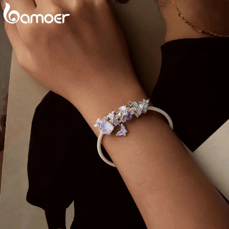 Bamoer 100% 925 Sterling Silver Romantic Crystal Butterfly Iris Charm For Women Fit Bracelet DIY Necklace Fine Jewelry Gift
