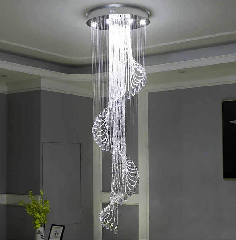 Modern Room Lights Spiral K9 Crystal Chandelier Staircase Creative LED Hanging Lamp Hotel Villa Decoraction Large Pendant Light