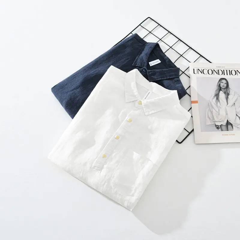 Spring Autumn New Fashion Half Open Collar Long Sleeve Cotton Hemp Solid Shirts Men's Clothing Button Vintage Casual Loose Tops