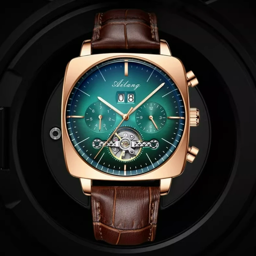 AILANG Men's Automatic Mechanical Watch Square Large Dial Skeleton Chronograph Waterproof Luxury Business Men's Wristwatch