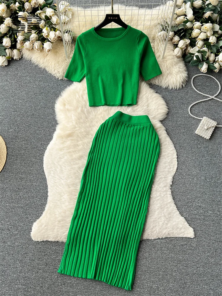 2024Casual Two Piece Sets Women Summer O Neck Top Elastic Waist Long Skirt Fashion Office Lady Korean Knit Suit