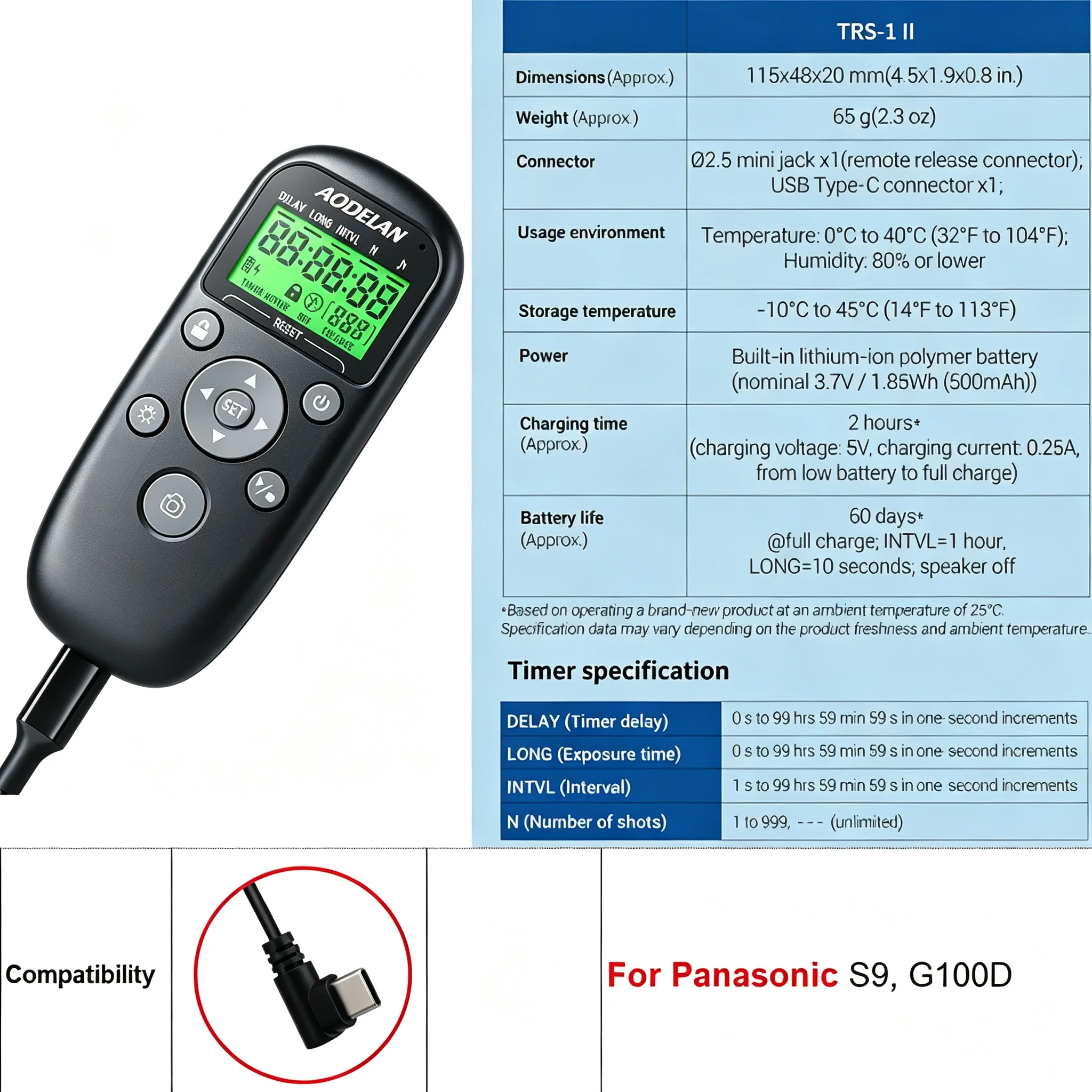 2,5 mm naar USB-C voor Panasonic S9, G100D, ZS99; Camera-afstandsbediening voor ontspanknop, autofocus, enkelvoudige opname, continue opname, opname met vertraagde opname, opname met lampfunctie