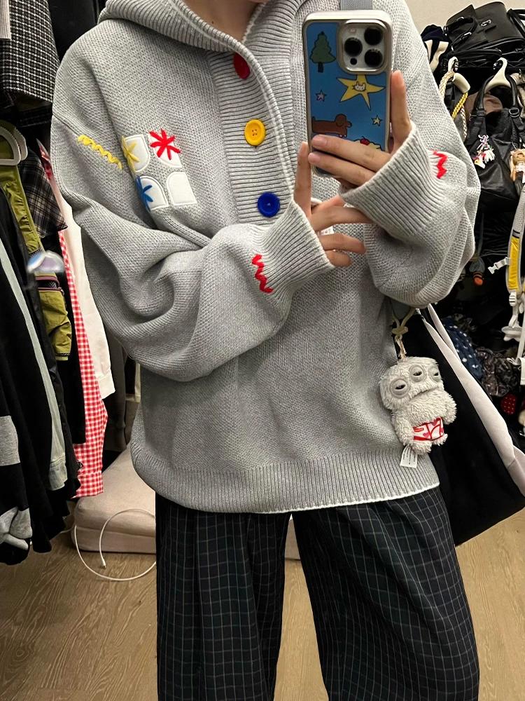 

Retro American Sle Loose Fit Hoodie Men's Casual Knitwear Embroidered Button Couple's Sweatirt Warm Autumn Winter New Arr...