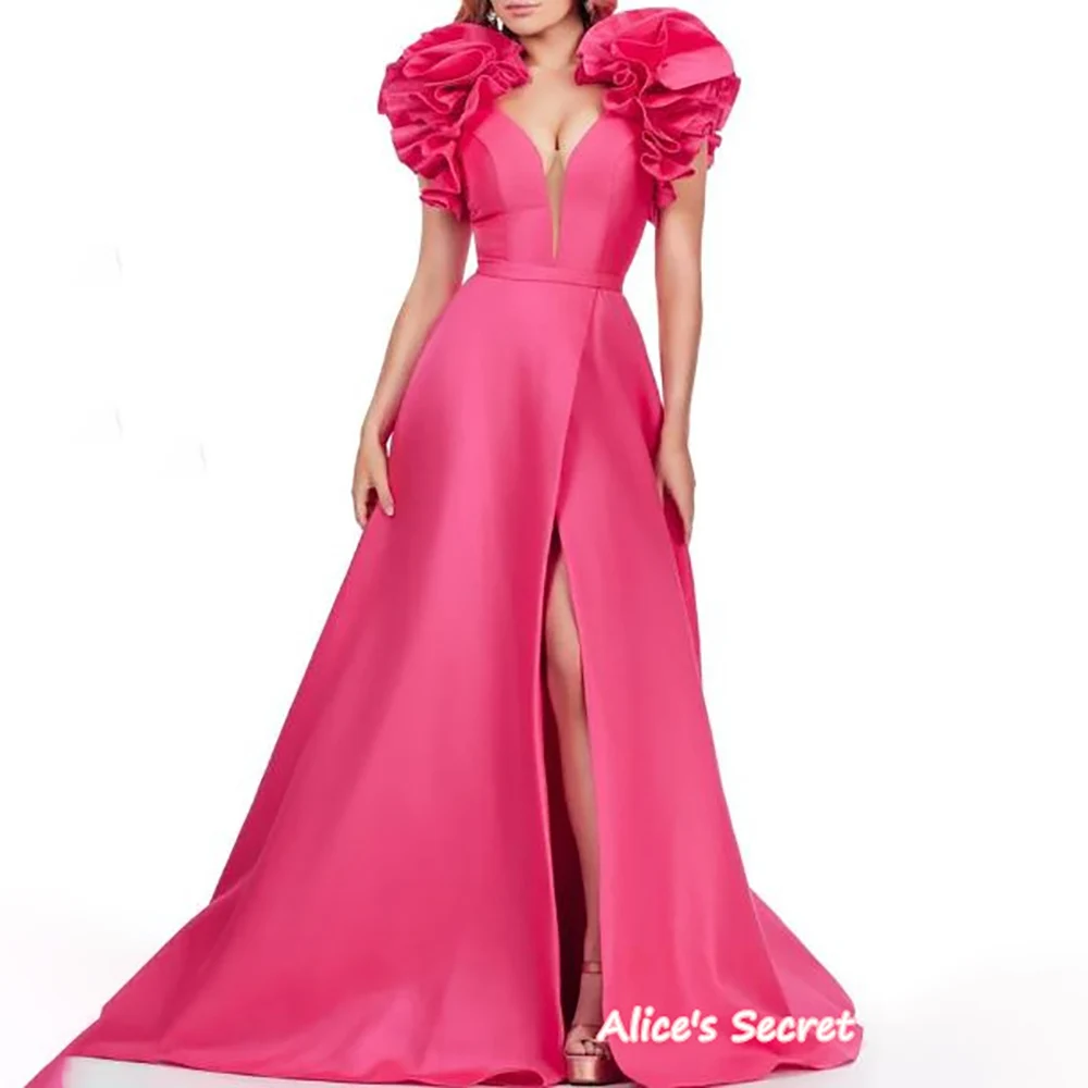 Sexy Tulle Prom Dress Evening Gown V Neck Thick Straps Ruffles Sleeves Low V Back Front Slit Floor Length Sweep Train