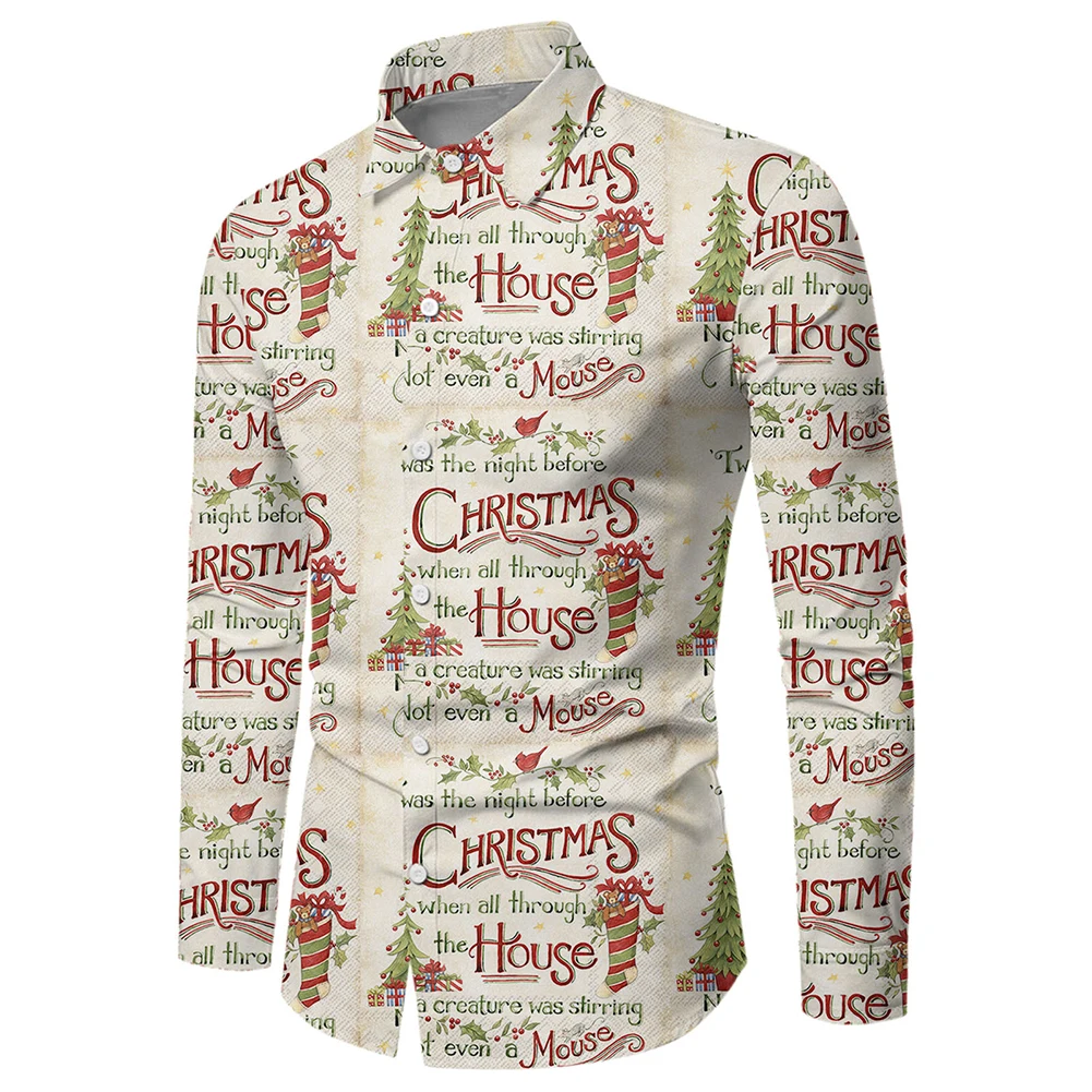 

Рубашка мужская стрейчевая с отложным воротником, повседневная небольшая сорочка из полиэстера, с длинными рукавами, с лацканами, на праздник, Рождество