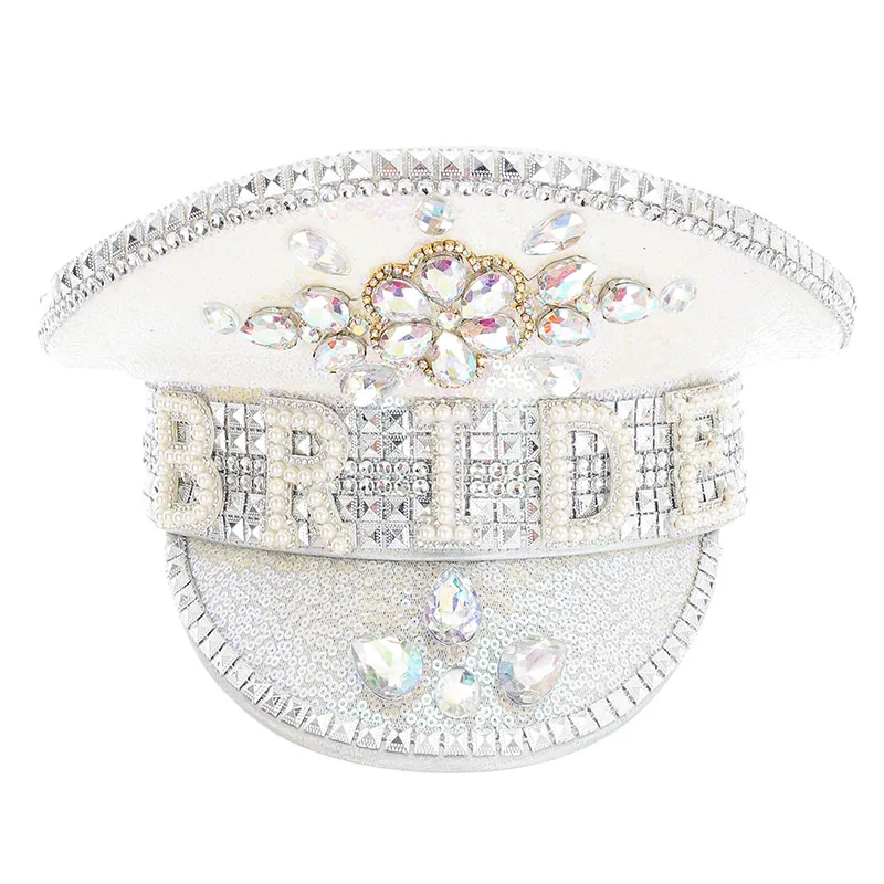 

Luxury Elegant White Sequined Rhinestone Bridal Captain Hat For Women Party Festival Fashion Rave Headwear Cosplay Accessories