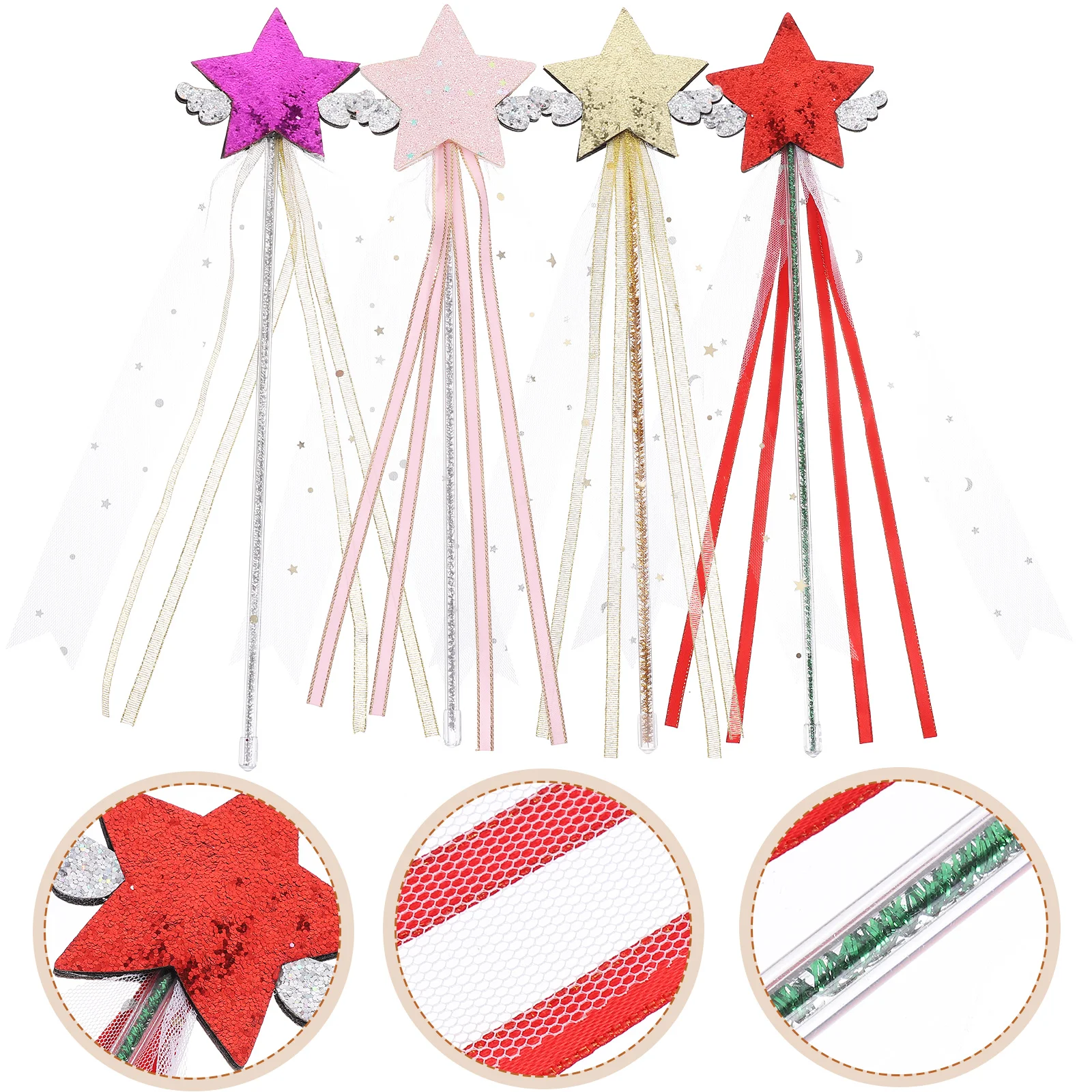 

4pcs Fairy Wand s Wands Girls Decorative Stick Wood Cloth Sticks Lightweight Shiny Star-Shaped Ribbon Design Cosplay