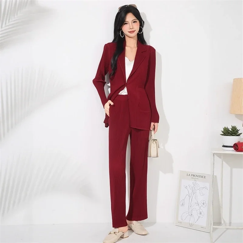 

YUDX Miyake Pleated Women's Fashion High-end Two-piece Set 2025 Summer Elegant Long-sleeved Blazer with Matching Straight Pants