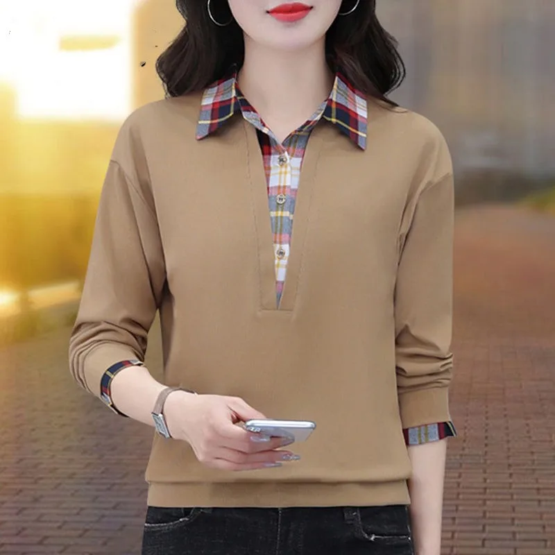 Spring and Autumn Women\'s Pullover Collar Button Plaid Panel Contrast Color Long Sleeve T-shirt Underlay Casual Elegant Tops