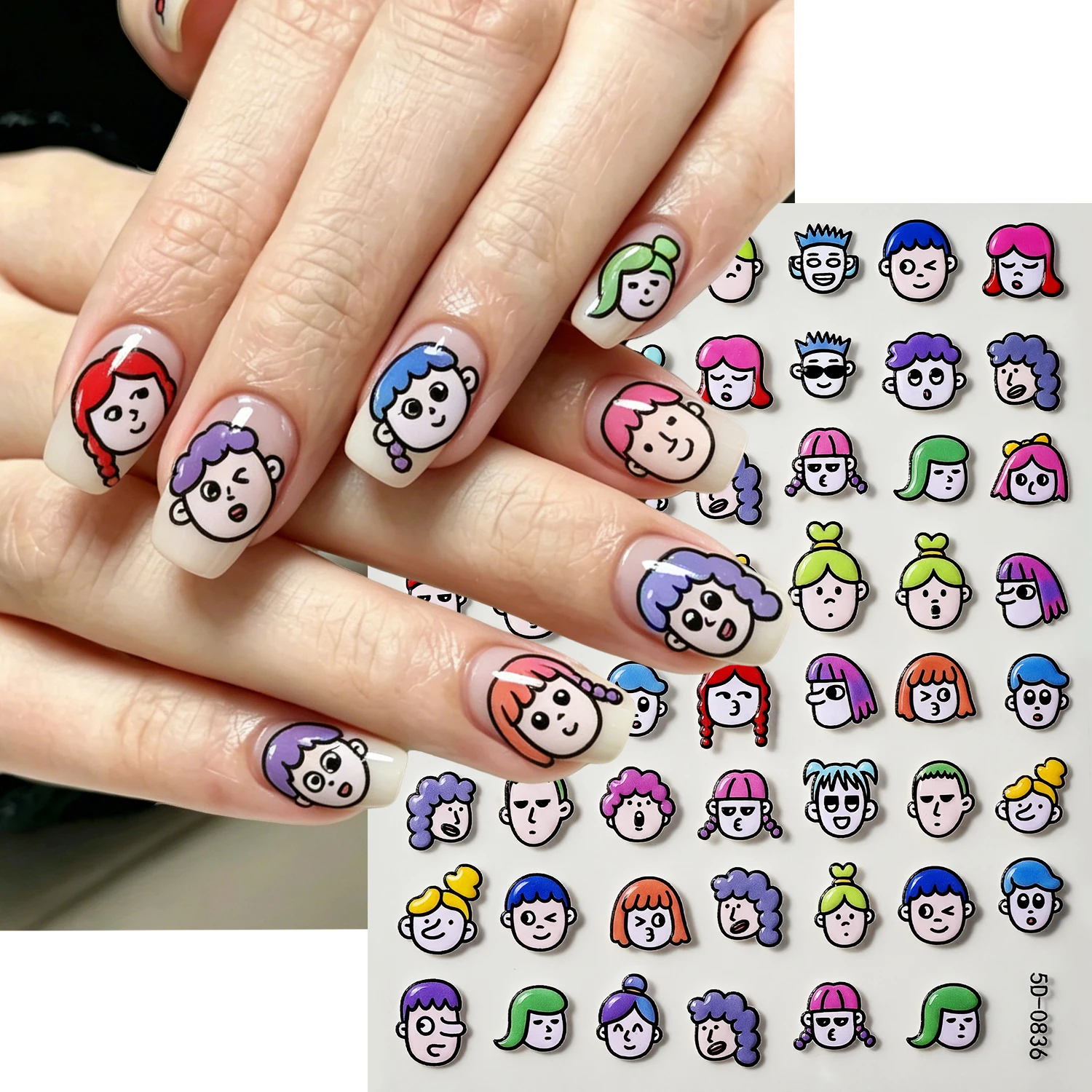 1PC 5D Cartoon Colorful Hair Little Human Face Nail Stickers Self-Adhesive Embossed Nail Stickers Kawaii Fun DIY Manicure Decora
