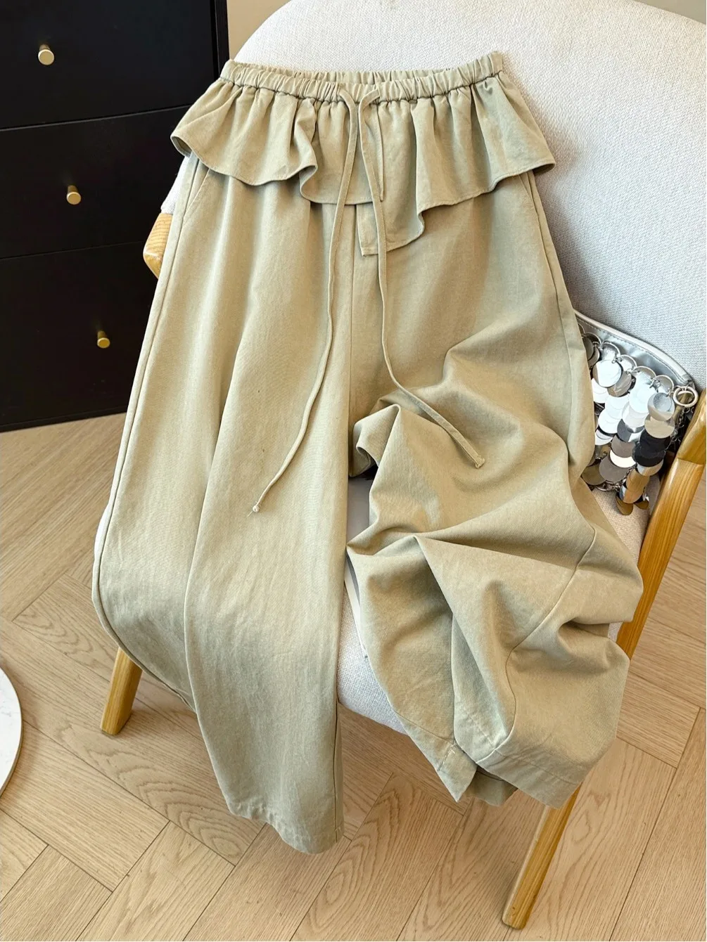 

Casual Wide Leg Pants Women's plus Size Trousers Elastic Waist Pleated Hem Workwear Summer Loose Fit Trousers Ladies Jeans