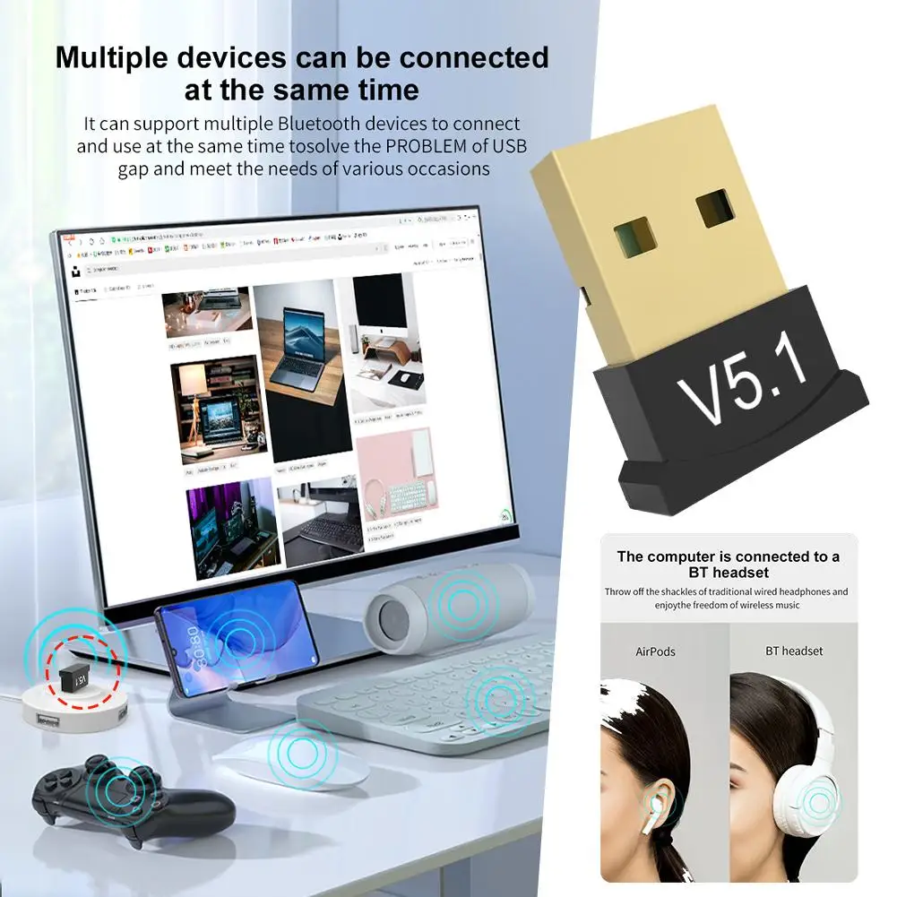 

USB Bluetooth 5.1 Adapter Transmitter Receiver Bluetooth Audio Bluetooth Dongle Wireless USB Adapter For Computer PC Laptop M9I4