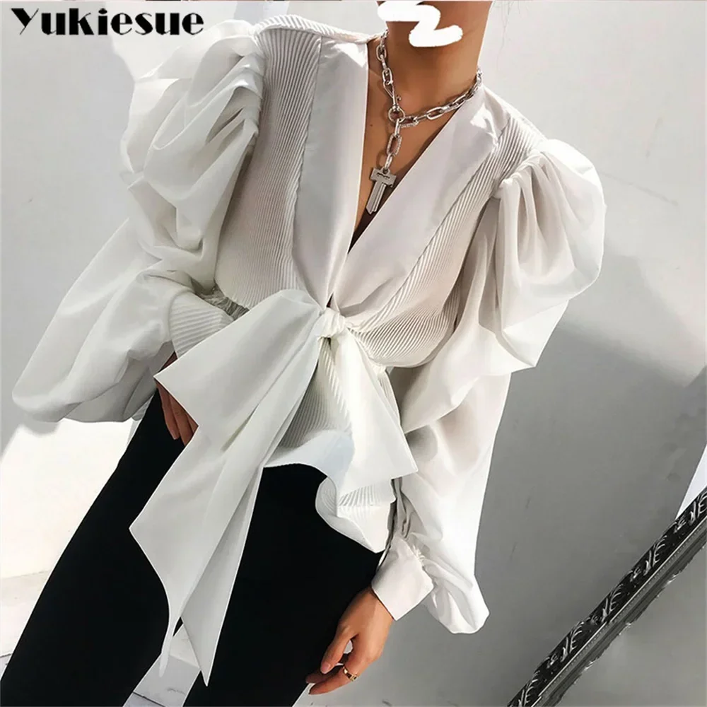 

Blusas Mujer De Moda 2025 Летний топ Женские рубашки Женские белые рубашки с v-образным вырезом Блузки Топы с пышными рукавами Шикарная женщина