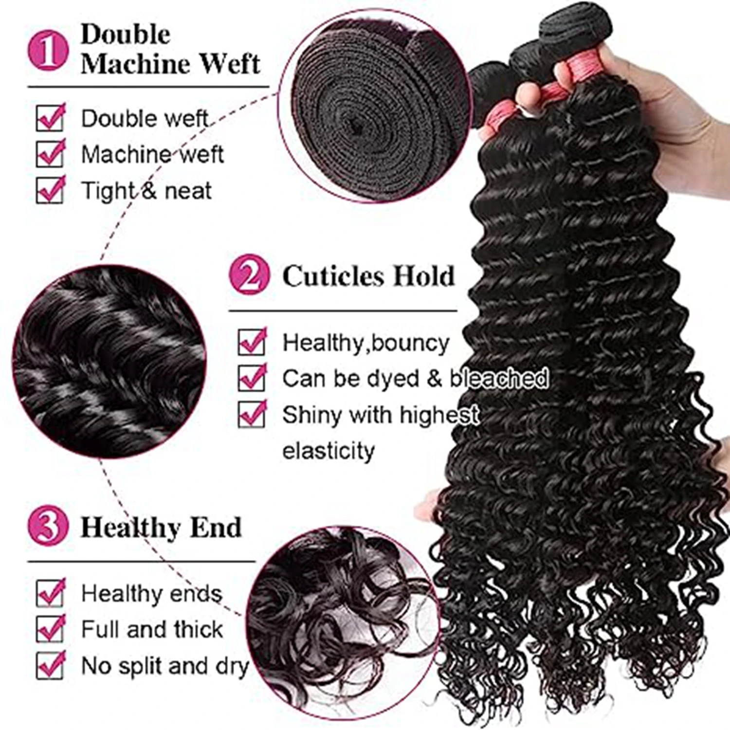 Bundles de cheveux humains Deep Wave, tissage brésilien, cheveux bouclés naturels, Remy At, richesse, 28 po, 30 po, 32 po