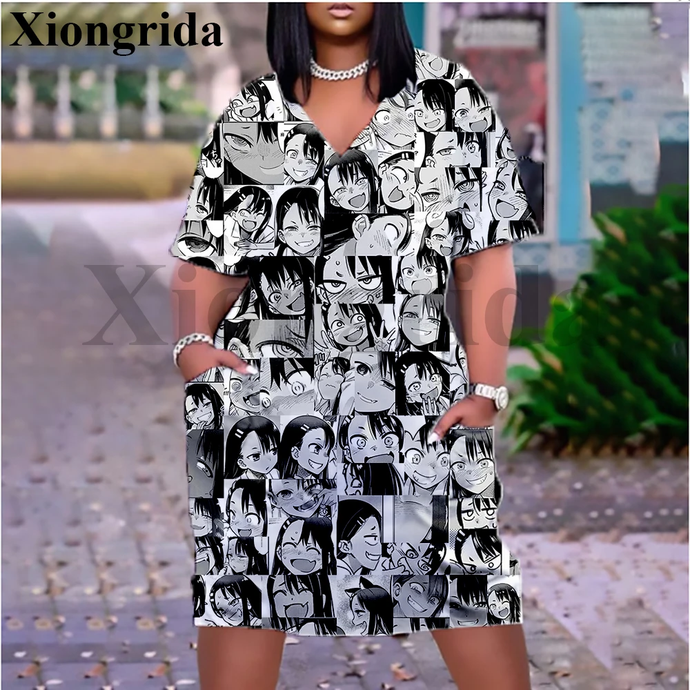 Hentai Sexy Anime Printed Pocket Dress Women 3D Nagatoro Hayase Casual Loose V Neck T Shirt Dress Summer Elegant Female Dress