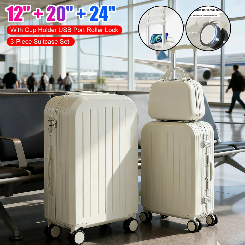 

3PCS Suitcase Set 12" 20" 24" Large Capacity Trolley Case Travel Business 3-Piece Luggage With Cup Holder USB Port Roller Lock