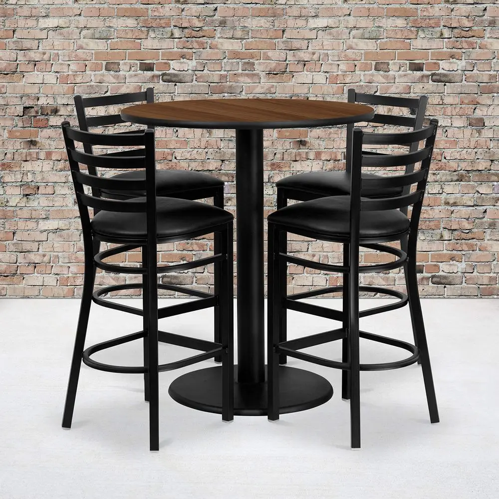 

Furniture 36 Round Walnut Laminate Table Set with 4 Ladder Back Metal Barstools Black Vinyl Seat