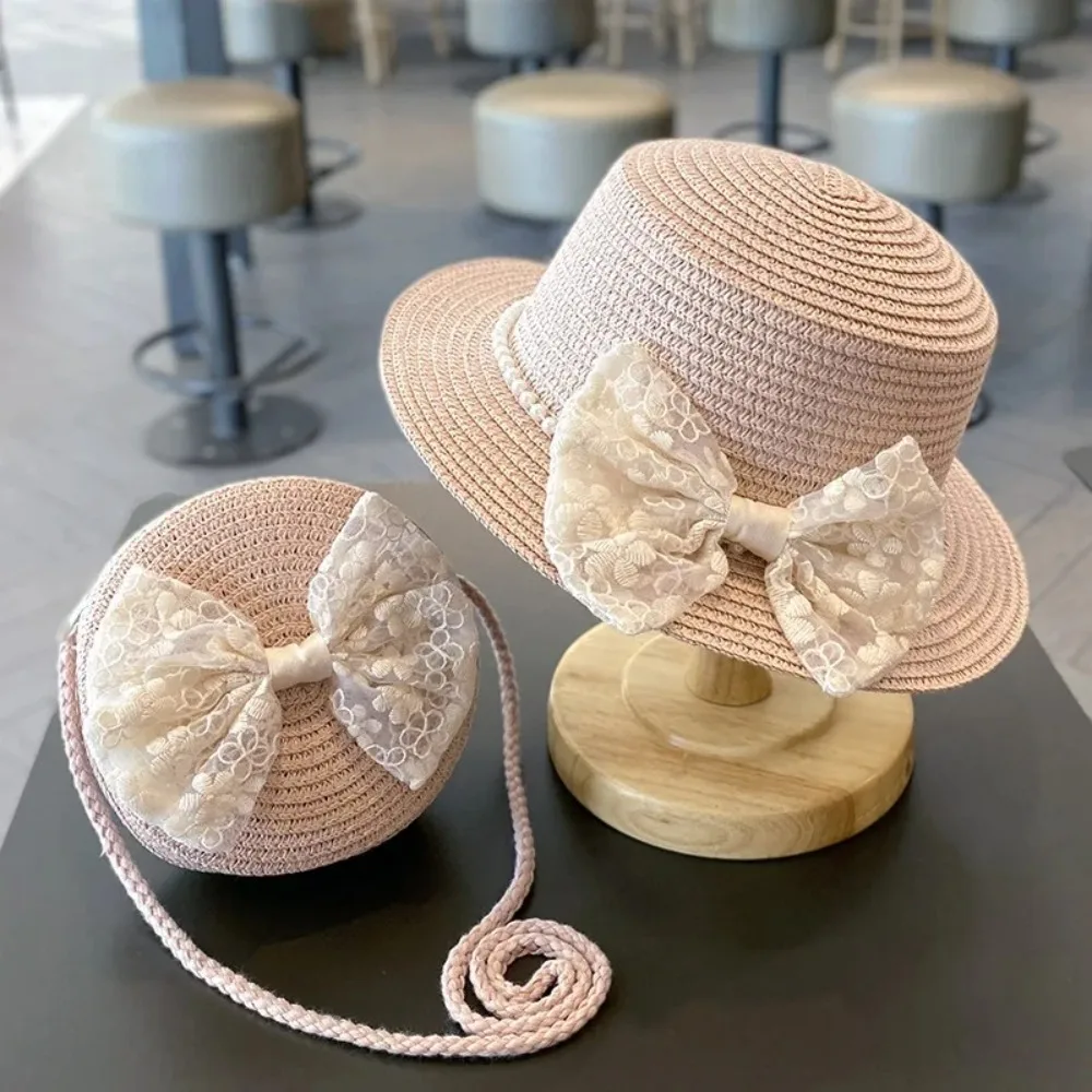 Handwoven Little Girls Summer Straw Hat with Bowknot Design Lightweight Shoulder Crossbody Bag Breathable Straw Sun Cap