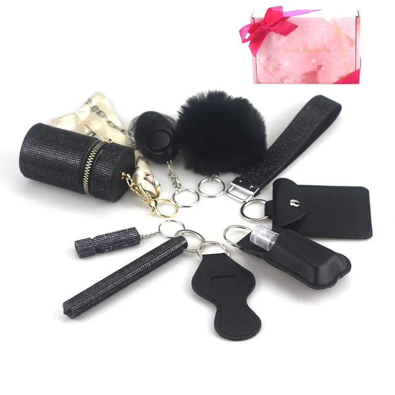 10pcs/set Daily Safety Keychain Kit with Self-defense Alarm fur Ball Pendant and Storage Bags Keychain for Women