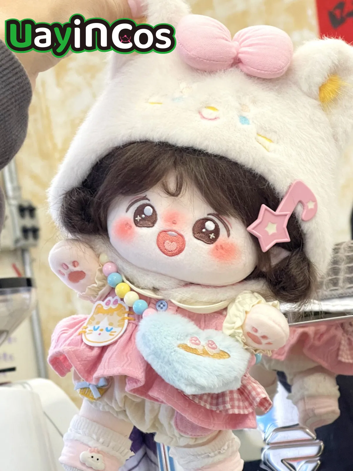 20cm Doll Clothes Milk Cat  Lolita Sweet Elf Bow Hat Pink Skirt Dress Stuffed Plushies Plush Doll Accessories Anime Toy Kids Gif