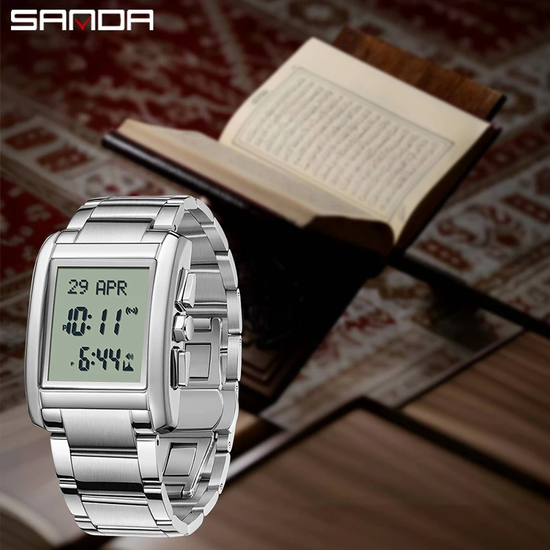 SANDA 6169 Men Electronic Watches Round Square Fashion Luminous Stainless Steel Strap Arabic Tidal Worship Male Wrist Watch