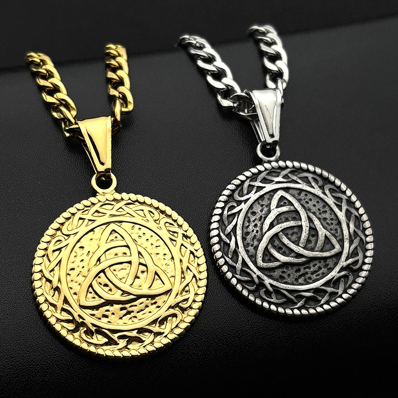 Vintage Viking Witch Knot Pendant Necklace for Women Men Stainless Steel Gold Color Irish Celtic Trinity Knots Chain Jewelry