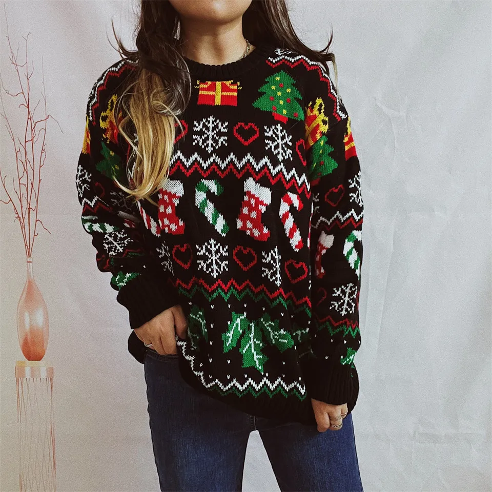 OMCHION Female 2023 New Arrive Christmas Sweater Christmas Socks Snowflake Knitwear,women Causal Loose Pullover Cheap Clothing