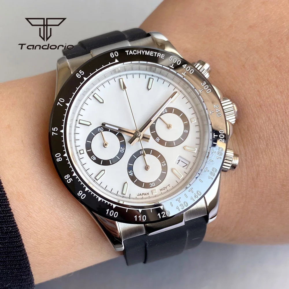 Tandorio Multi-Functional VK63 Business Men's 39mm Quartz Watch Chronograph Stopwatch Fashion Sports Stainless Steel Wristwatch