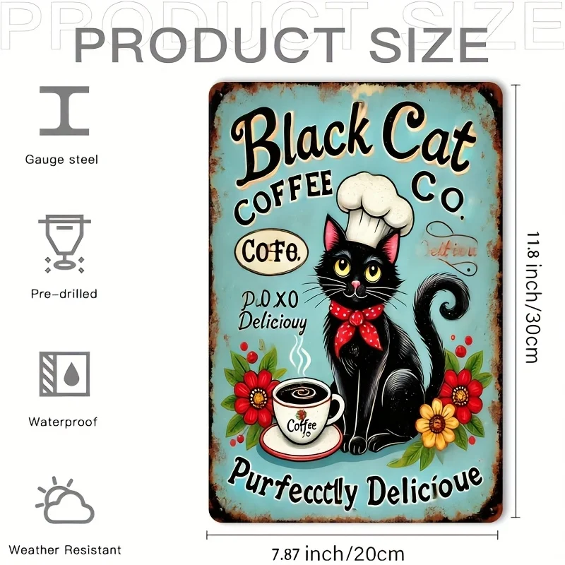 Vintage Aluminum Wall Art 8x12in Waterproof Cute Cat Cafe Sign For Bar Coastal Villa Farmhouse Decor