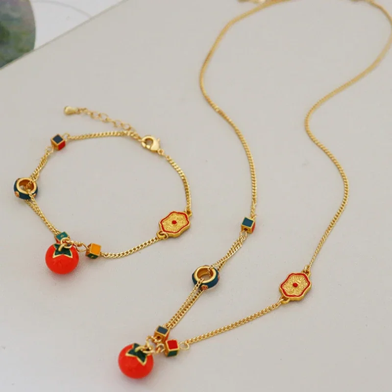 Fashion Jewelry Sweet Temperament Enamel Persimmon Fruit Pendant Necklace Bracelets For Women Accessories Gifts Hot Selling