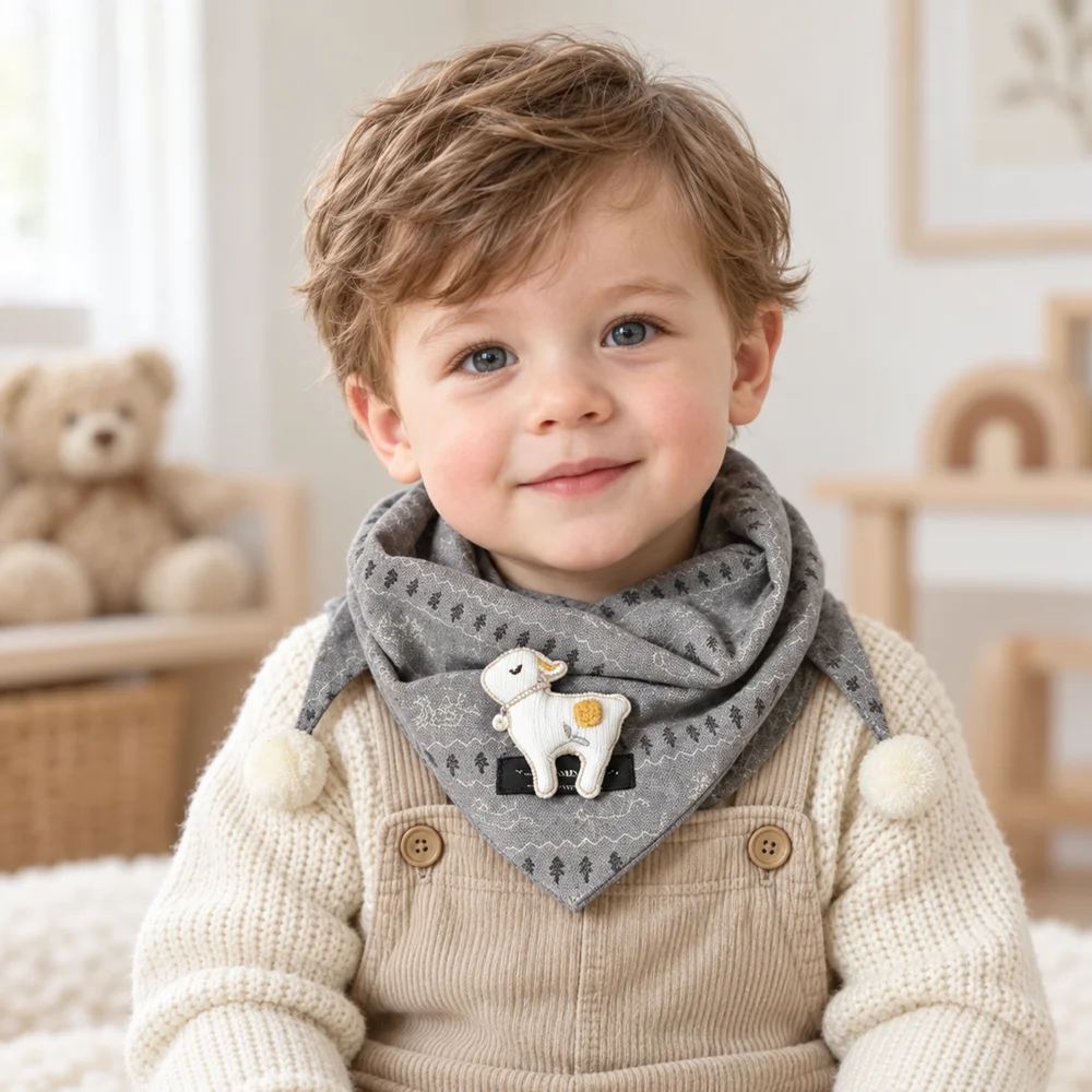 Baby Triangle Scarf Bib with Pom Poms Soft Printed Neck Warmer with Animal Applique for Infant Toddler Boys Girls